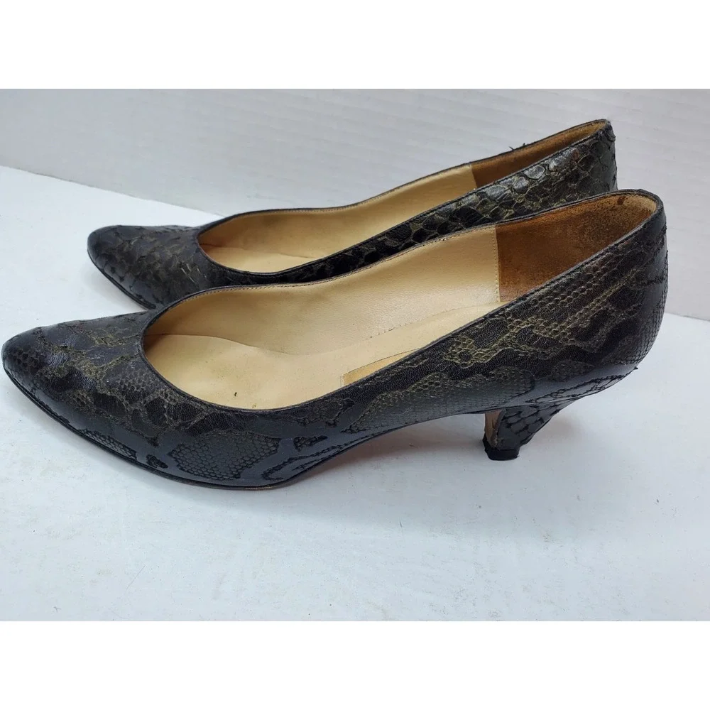 AMALFI Metalic‎ Black Anaconda Leather Pumps Kitten Heels Shoes 8B Italy Y2K